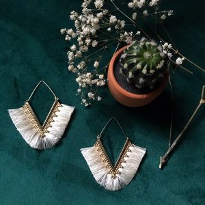 SOLD - Light Cream V Shape Fringe Earrings